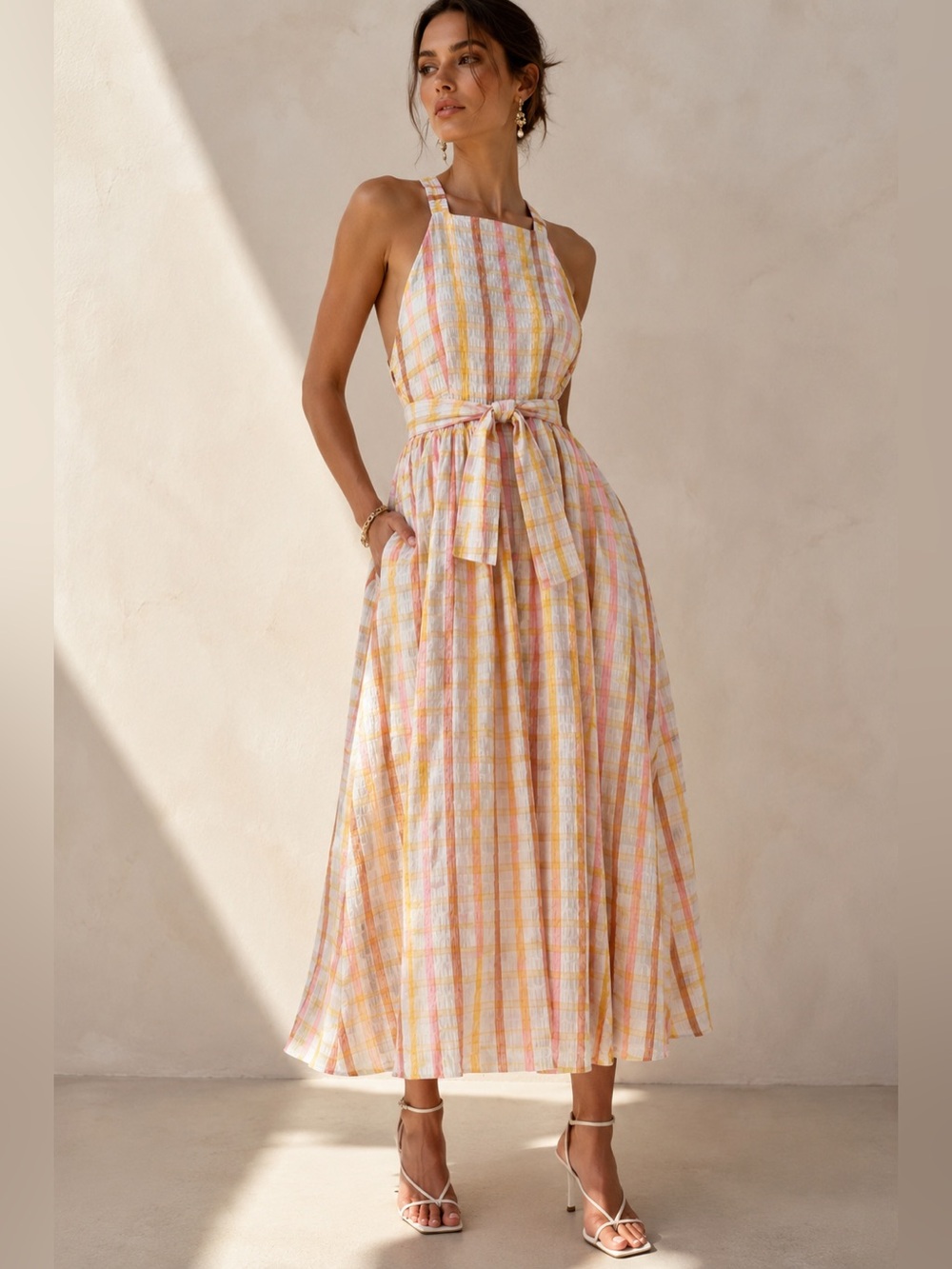 Mable Plaid Seersucker Midi Dress Open Back Tie Waist Pink Yellow White M